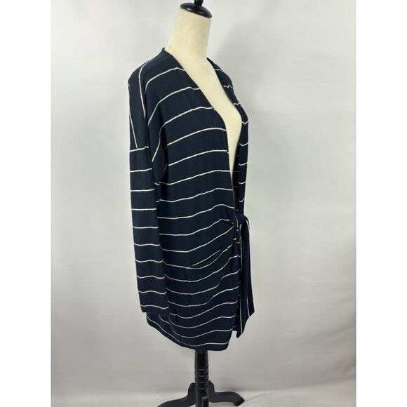 J Crew Open Front Cardigan Navy Blue White Stripe Small Pockets Tie Front - Picture 2 of 10